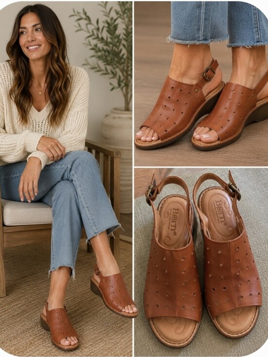 Born Shoes - Born Børn Cognac Brown Leather Perforated Slingback Comfort Sandals Women's 7M